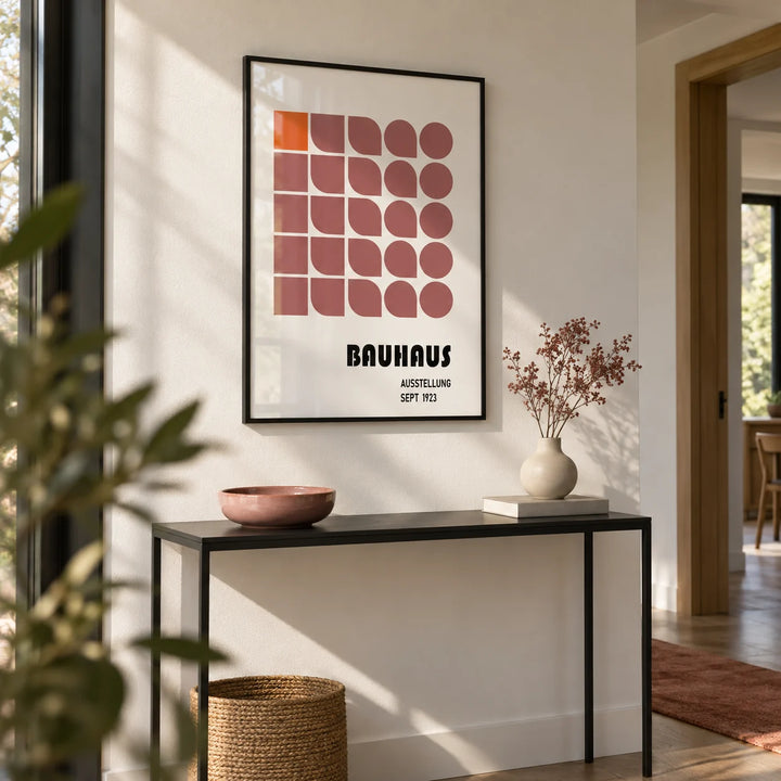 Wall Hanging Geometric, framed on the wall of a modern hallway with a white wall
