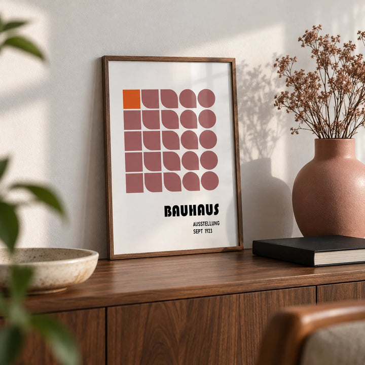 Wall Hanging Geometric, a small A4 framed print leaning on a walnut shelf in a living room