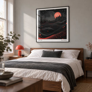 Wall Moon Art, framed on the wall of a calm contemporary bedroom in a renovated UK terrace with a pale grey wall