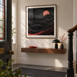 Wall Moon Art, framed on the wall of a compact entrance hallway in a renovated Victorian terrace with a warm white wall and a grey stone floor
