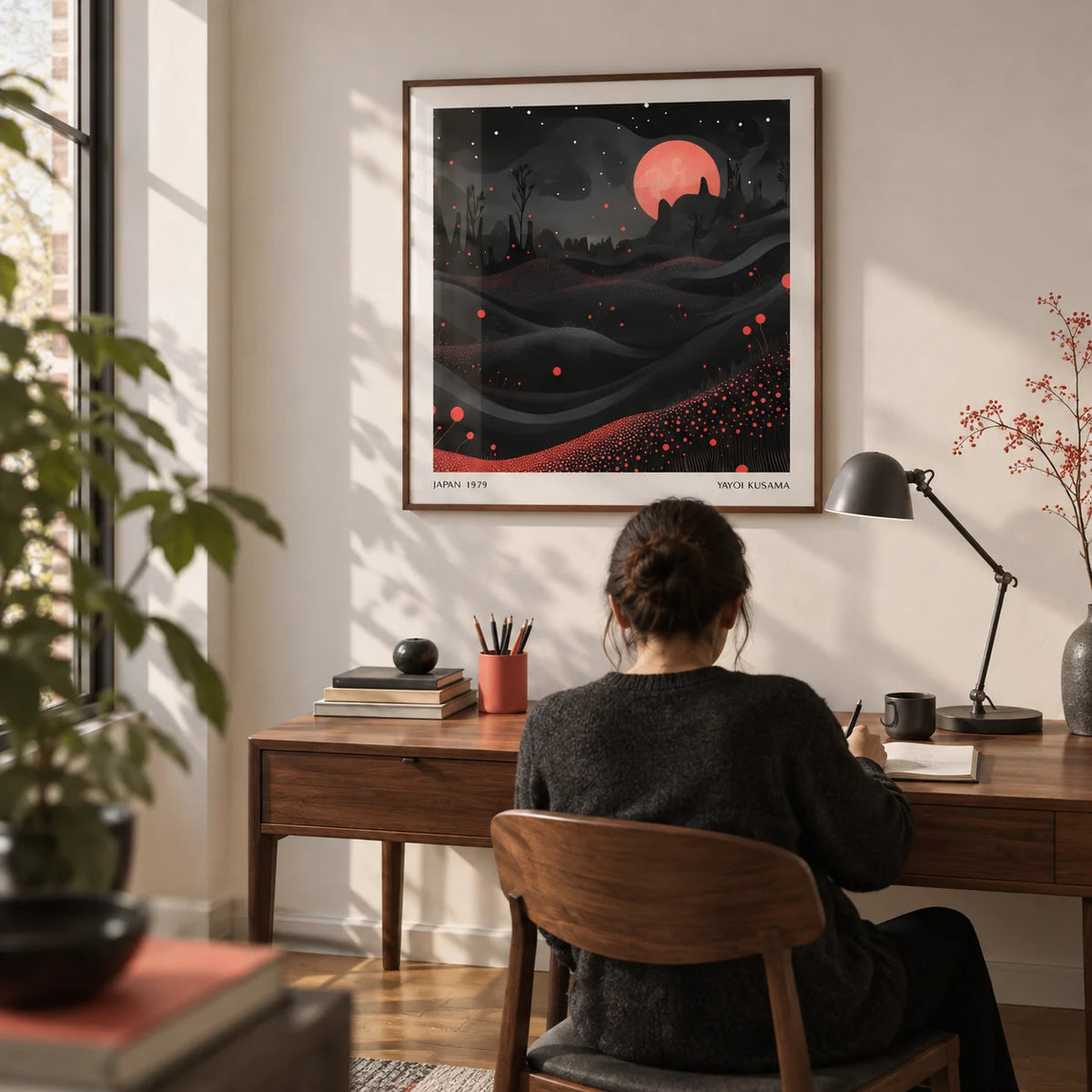 Wall Moon Art, framed on the wall of a design-led home study with a soft white wall and oak floor