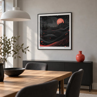 Wall Moon Art, framed on the wall of a modern dining room in a UK flat with pale grey plaster walls and a simple oak dining table
