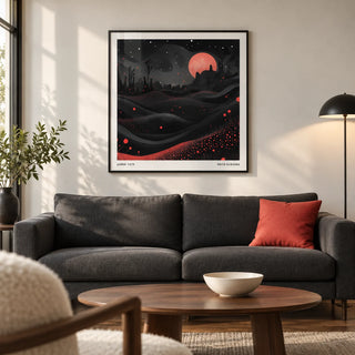 Wall Moon Art, framed on the wall of a modern living room in a UK city flat with a warm white wall