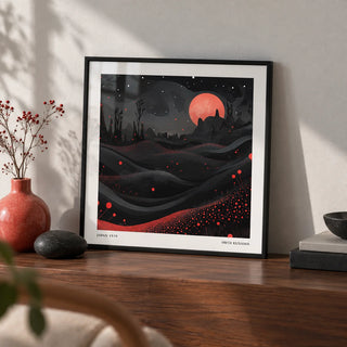 Wall Moon Art, a small A4 framed print leaning on a walnut shelf in a living room