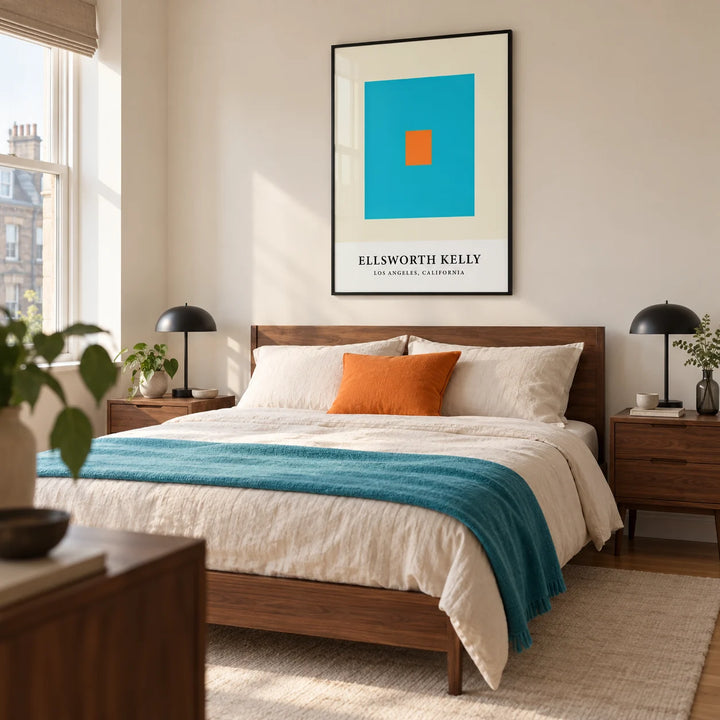 Wall Office Art, framed on the wall of a crisp modern bedroom in a UK city flat with a warm white wall and walnut bedside tables