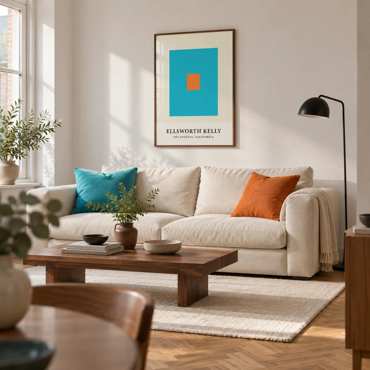 Wall Office Art, framed on the wall of a design-led living room in a converted UK flat with white walls