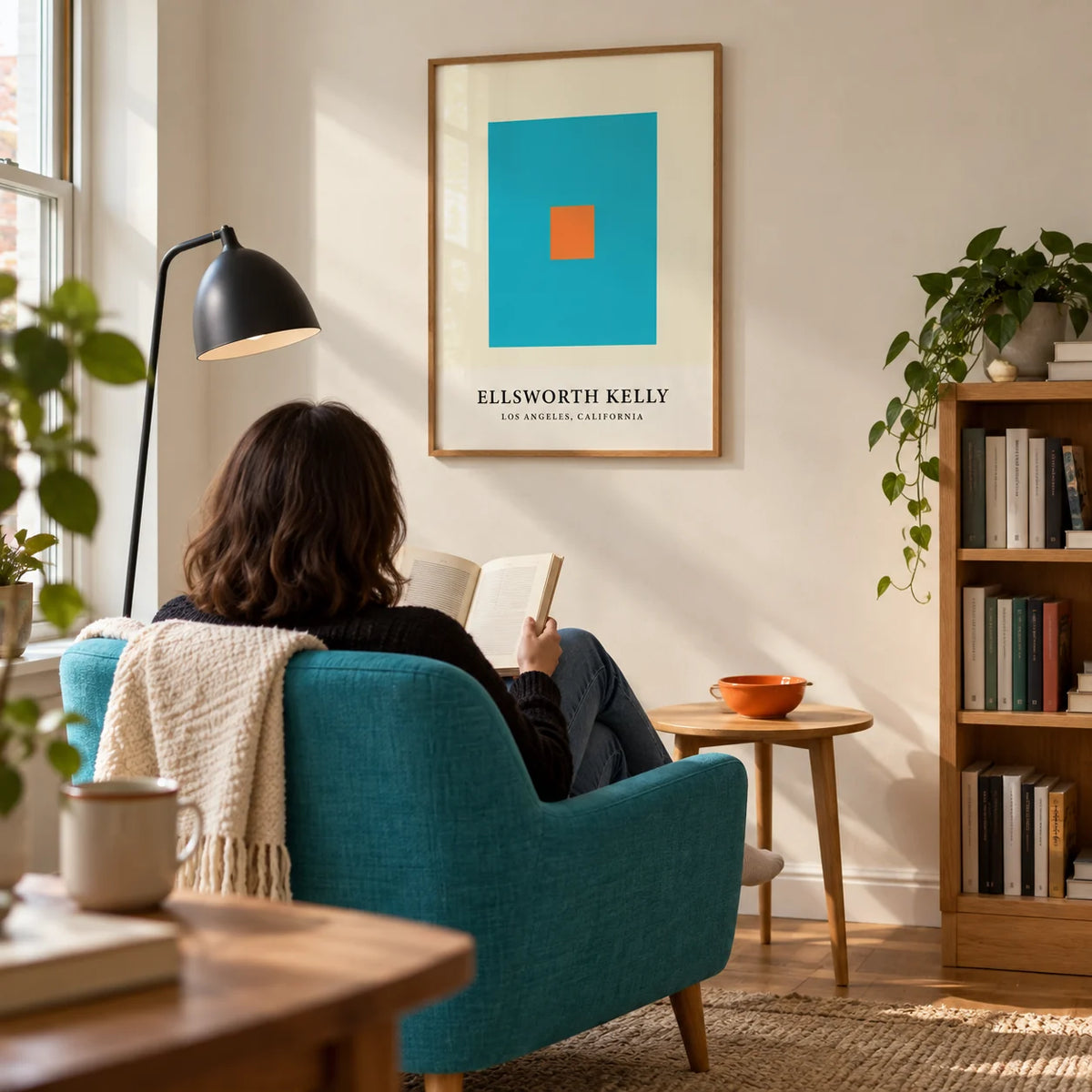 Wall Office Art, framed on the wall of a modern reading corner in a UK flat with a cream wall and a low oak bookcase in a living room