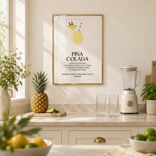 Wall Pictures for Kitchen, framed on the wall of an airy cream kitchen with a pale stone worktop