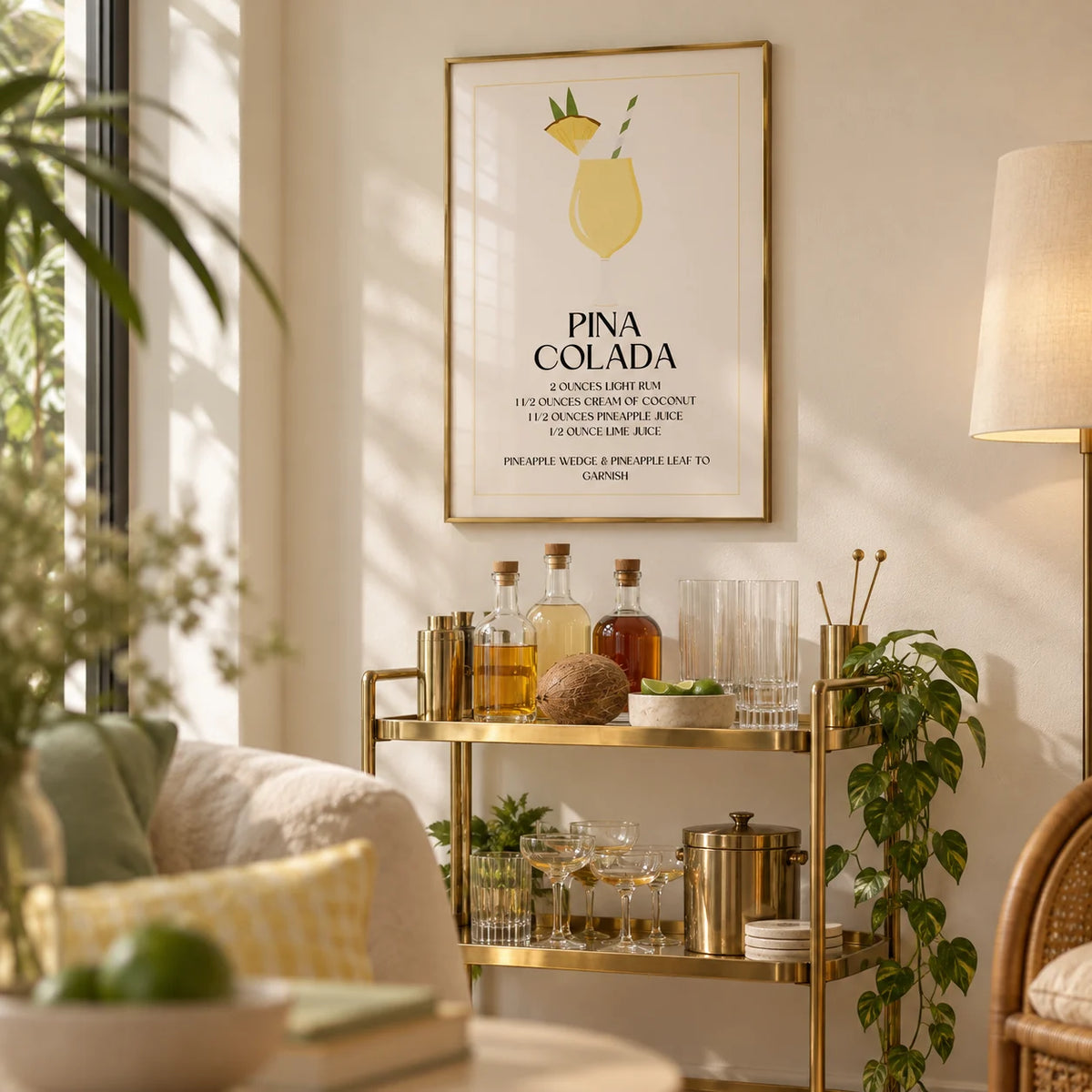 Wall Pictures for Kitchen, framed on the wall of a living room bar corner with a warm cream wall