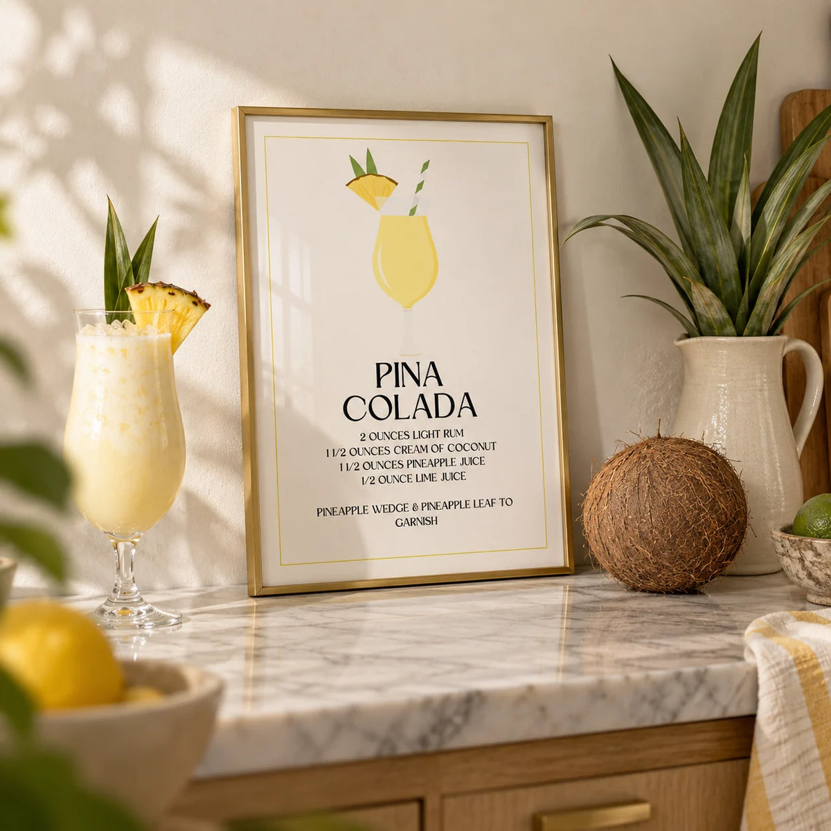 Wall Pictures for Kitchen, a small A4 framed print leaning on a marble kitchen shelf