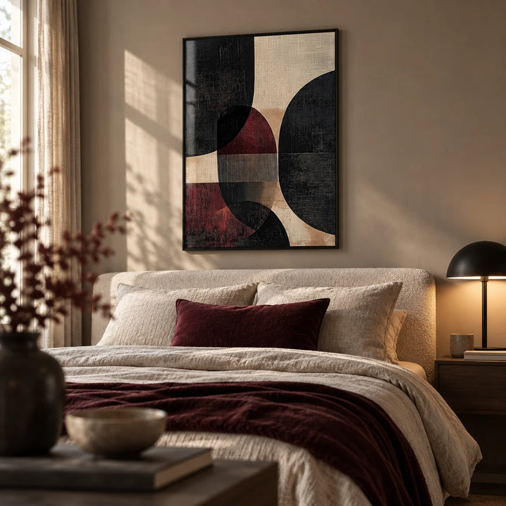 Wall Posters for Living Room, framed on the wall of a calm grown-up bedroom with a warm taupe wall