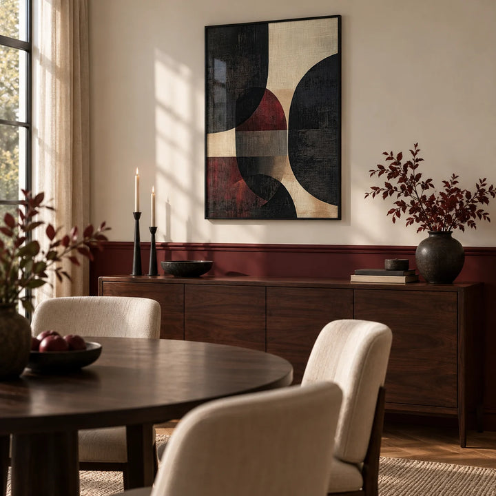 Wall Posters for Living Room, framed on the wall of an elegant dining room with a deep burgundy painted lower wall and cream above