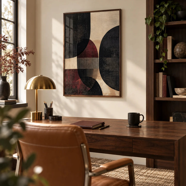 Wall Posters for Living Room, framed on the wall of a home study with a cream wall and dark oak shelves