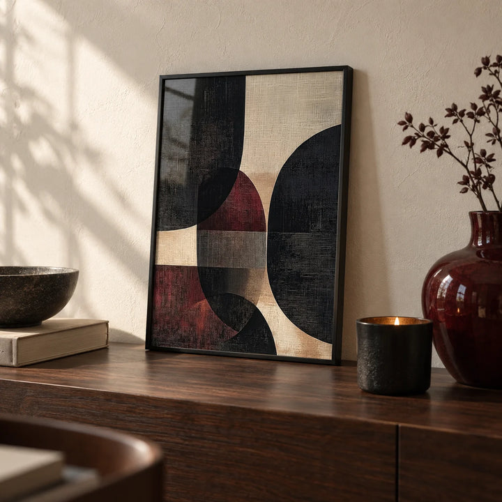 Wall Posters for Living Room, a small A4 framed print leaning on a dark walnut side table in a hallway