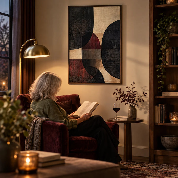 Wall Posters for Living Room, framed on the wall of a snug den with a dark cream wall