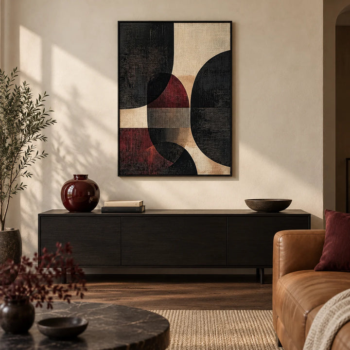 Wall Posters for Living Room, framed on the wall of a sophisticated living room with a warm cream plaster wall and a dark oak floor