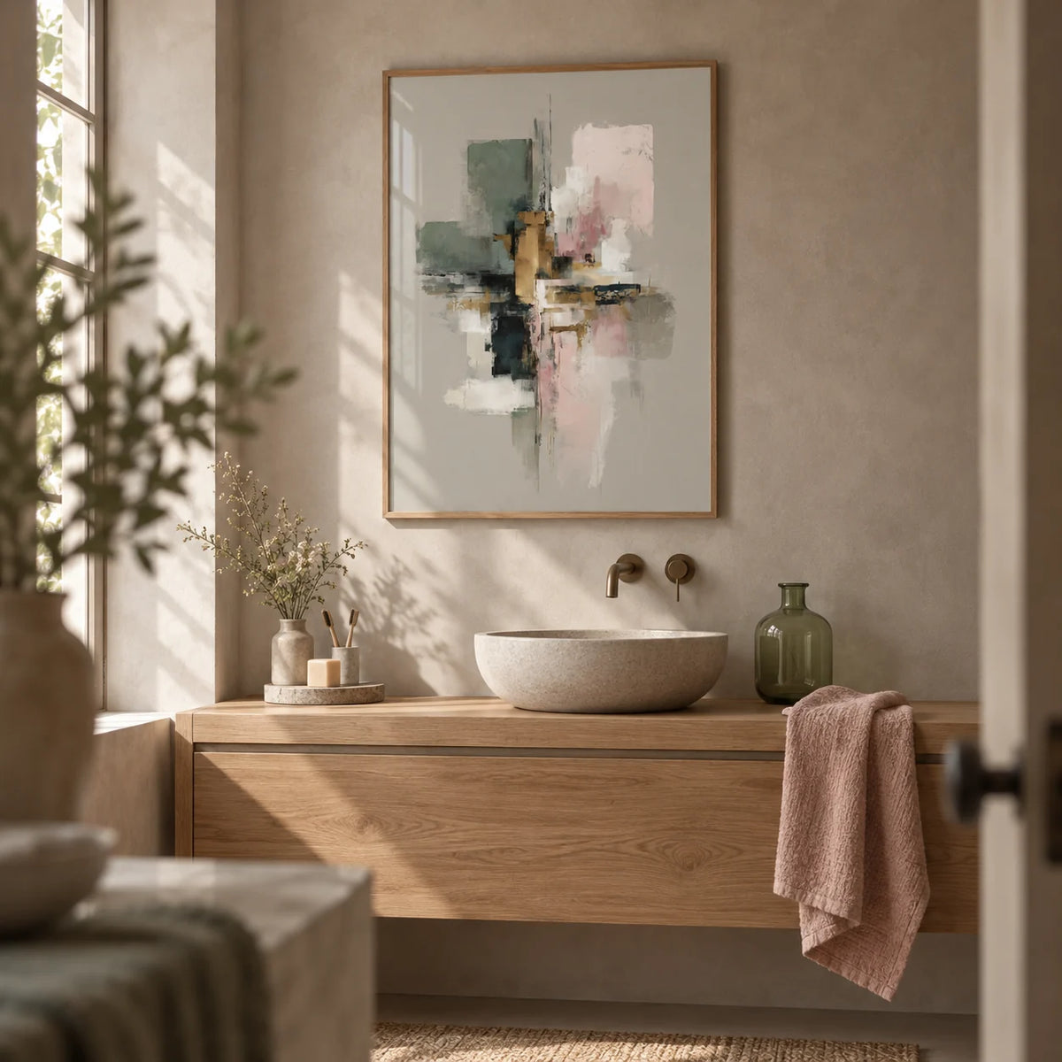 Wall Print Abstract, framed on the wall of a calm bathroom with taupe microcement walls