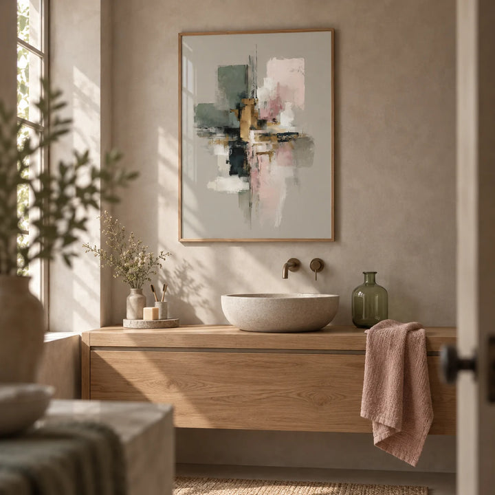 Wall Print Abstract, framed on the wall of a calm bathroom with taupe microcement walls