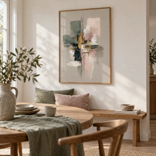 Wall Print Abstract, framed on the wall of a calm dining room with a soft white wall