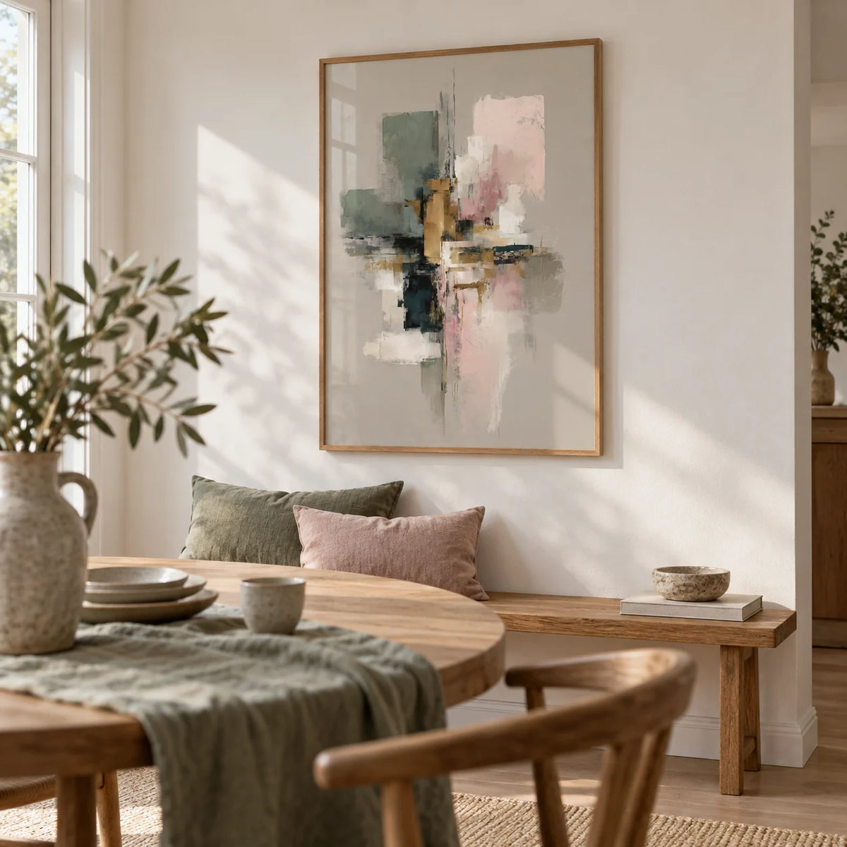 Wall Print Abstract, framed on the wall of a calm dining room with a soft white wall