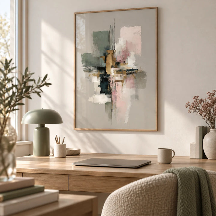 Wall Print Abstract, framed on the wall of a calm home office with a soft white wall