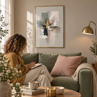 Wall Print Abstract, framed on the wall of a cosy living room corner with a warm greige wall