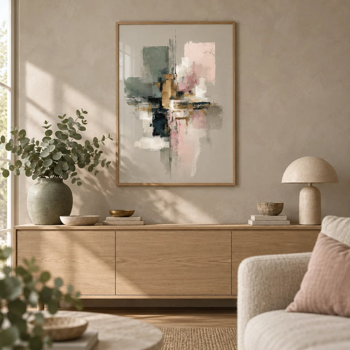 Wall Print Abstract, framed on the wall of an organic-modern living room with a limewashed taupe wall