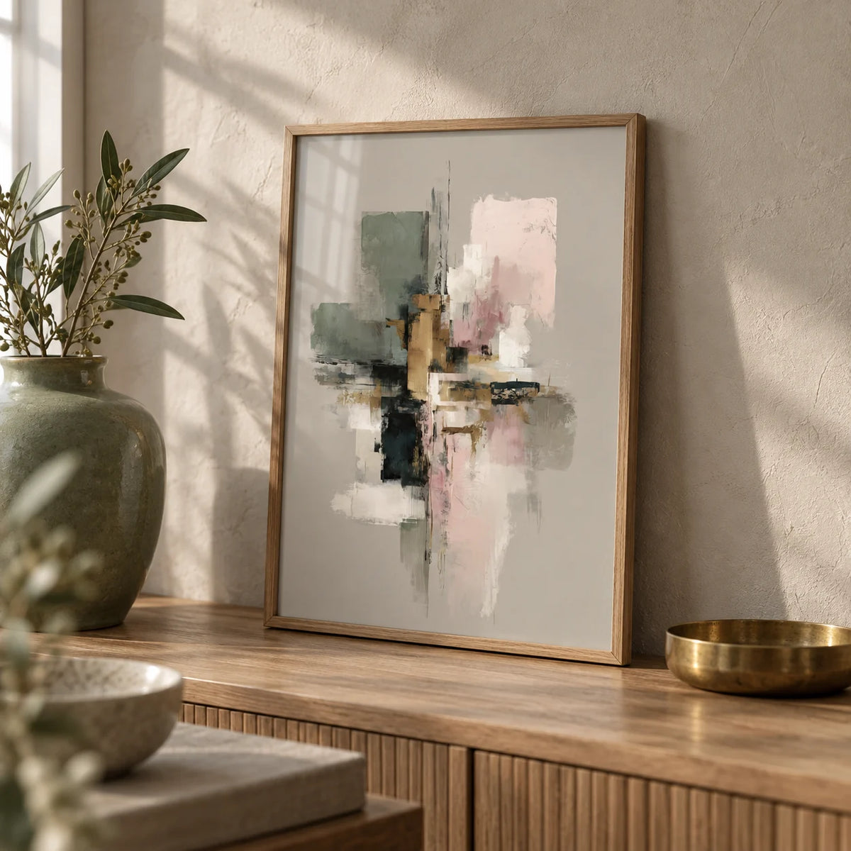 Wall Print Abstract, a small A4 framed print leaning on an oak sideboard in a living room