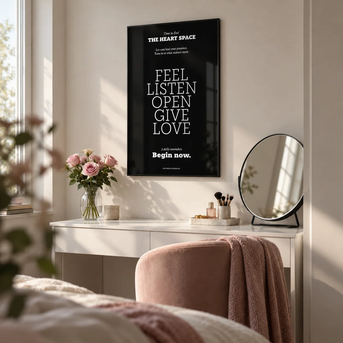 Wall Quotes for Bedroom, framed on the wall of a bedroom dressing area