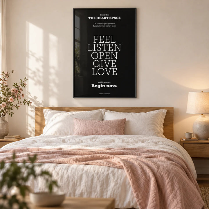 Wall Quotes for Bedroom, framed on the wall of a calm grown-up bedroom with a warm white wall