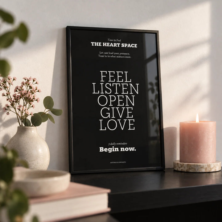 Wall Quotes for Bedroom, a small A4 framed print leaning on a black shelf in a living room