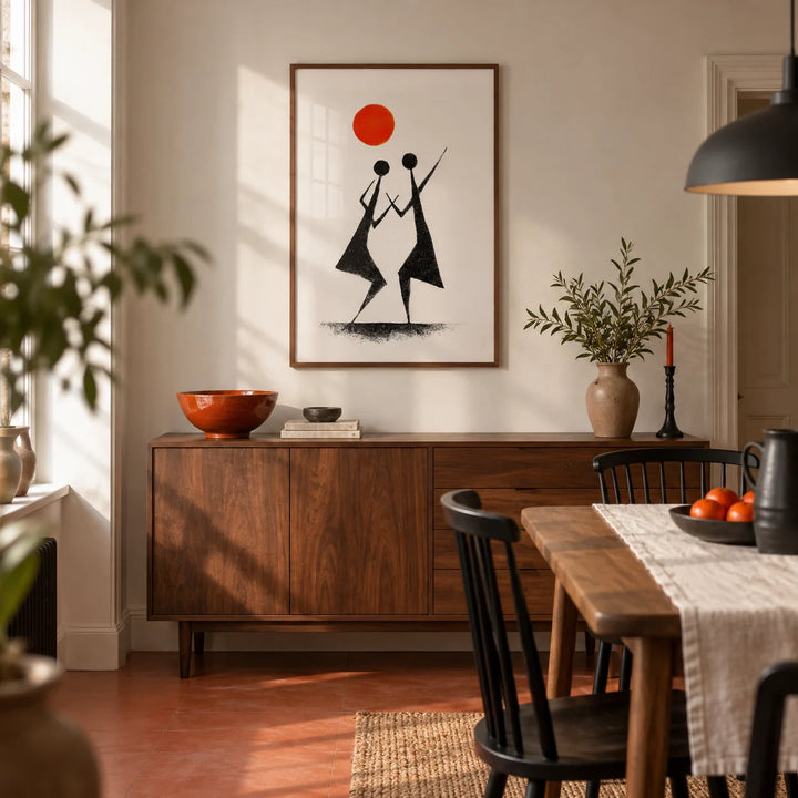 Warli Folk Art Print, framed on the wall of a contemporary dining room in a characterful UK flat with a warm white wall and plain terracotta floor