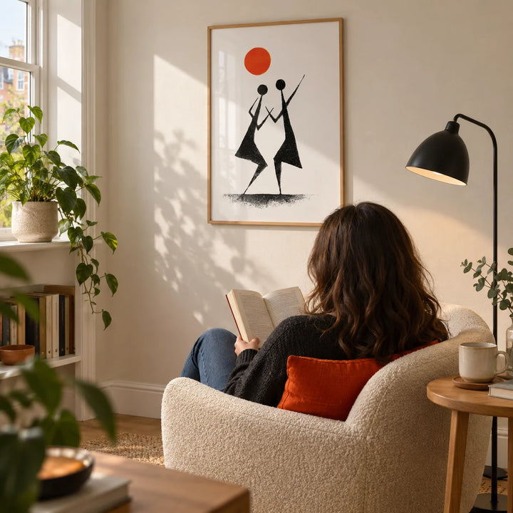 Warli Folk Art Print, framed on the wall of a quiet reading corner in a UK first home for an art-loving adult (25-35) in a living room