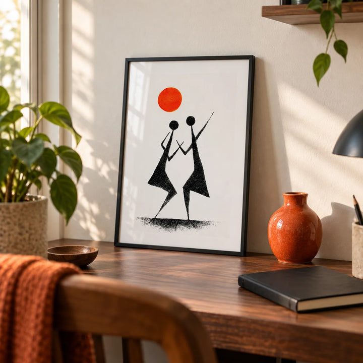 Warli Folk Art Print, a small A4 framed print leaning on a walnut writing desk