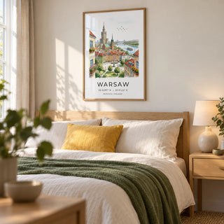 Warsaw City Art Print, framed on the wall of a calm bedroom in a UK first home for a couple aged 28-40 with warm white walls and pale oak furniture