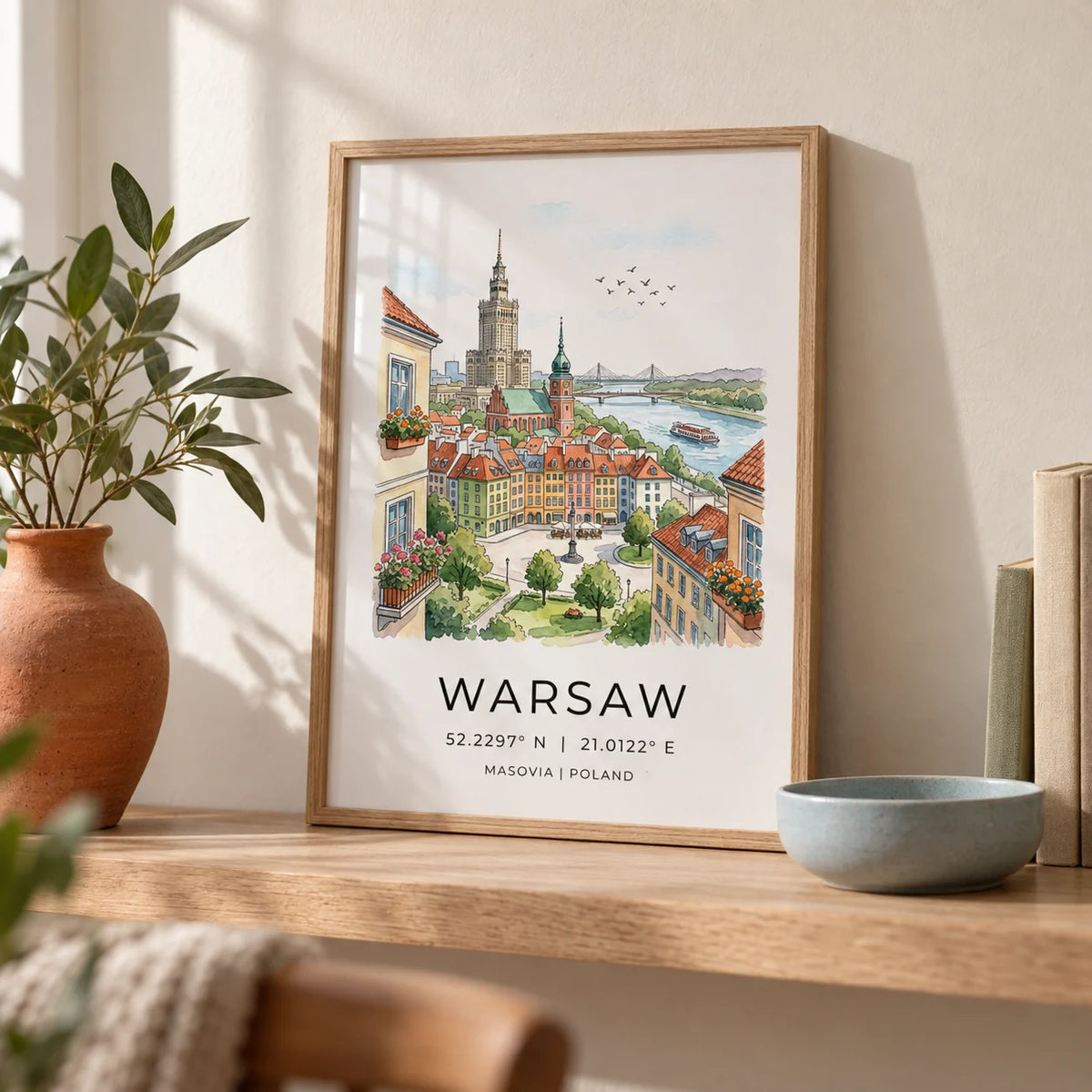 Warsaw City Art Print, a small A4 framed print leaning on a pale oak shelf in a living room
