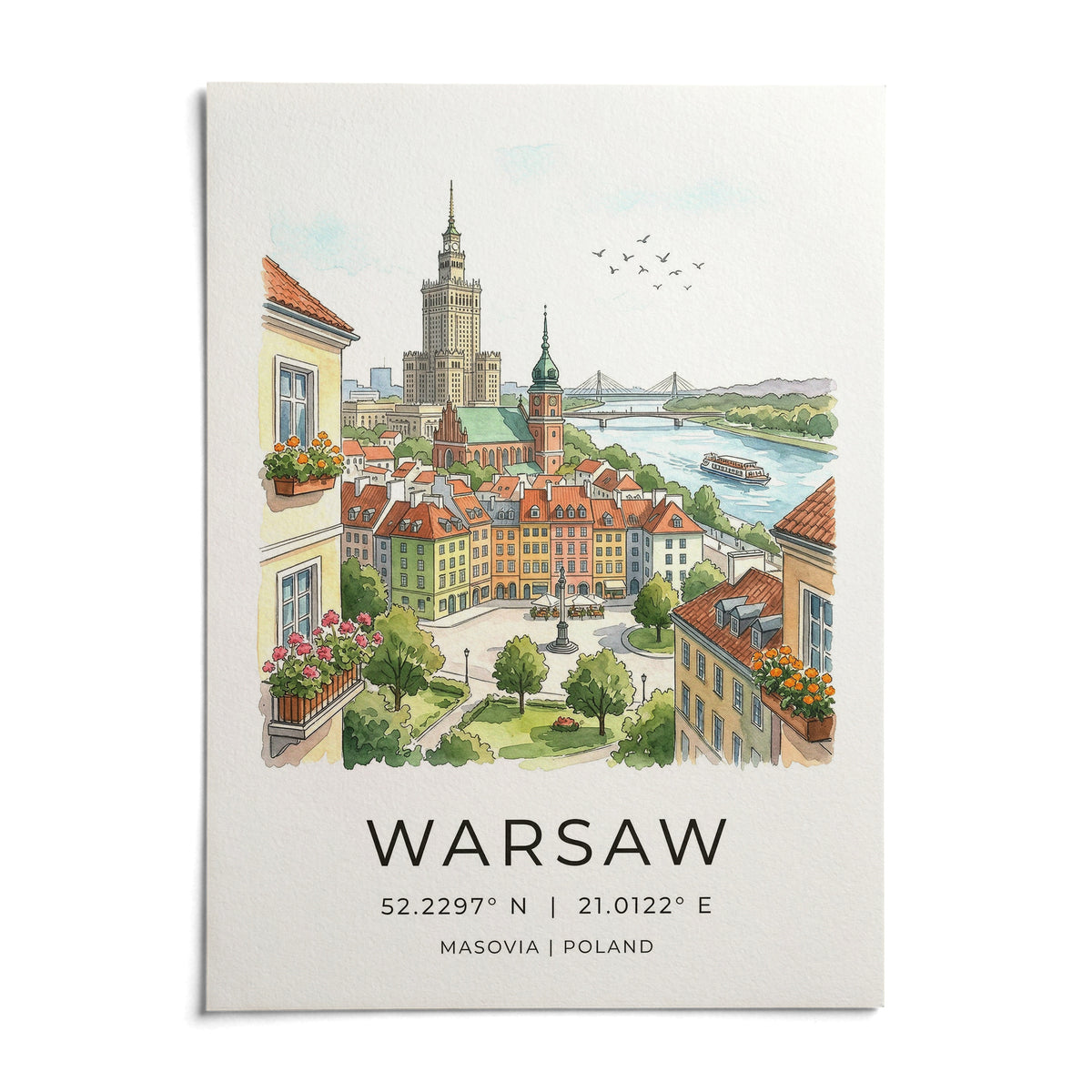 Warsaw City Art Print, shown as an unframed paper print on a plain white background