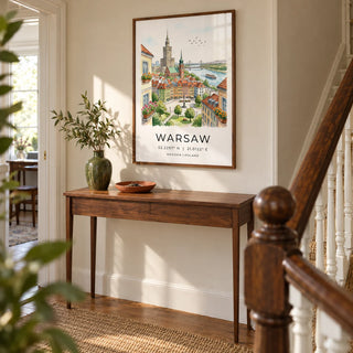 Warsaw City Art Print, framed on the wall of a welcoming hallway in a UK townhouse with a warm white wall and an original timber staircase