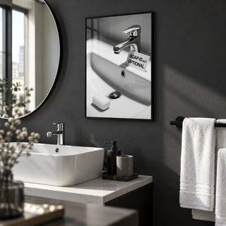 Wash Hands Sign, framed on the wall of a guest bathroom in a city flat with a plain charcoal wall