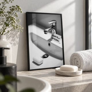 Wash Hands Sign, a small A4 framed print leaning on a bathroom shelf