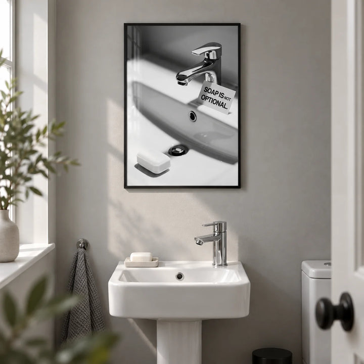 Wash Hands Sign, framed on the wall of a small downstairs cloakroom loo with a plain soft grey wall in a bathroom
