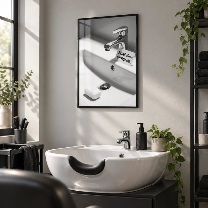 Wash Hands Sign, framed on the wall of a small hair salon washroom with a plain pale grey wall