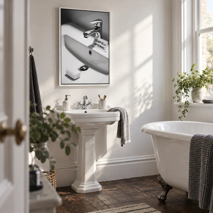 Wash Hands Sign, framed on the wall of a Victorian terrace family bathroom with plain white walls and a dark wood floor