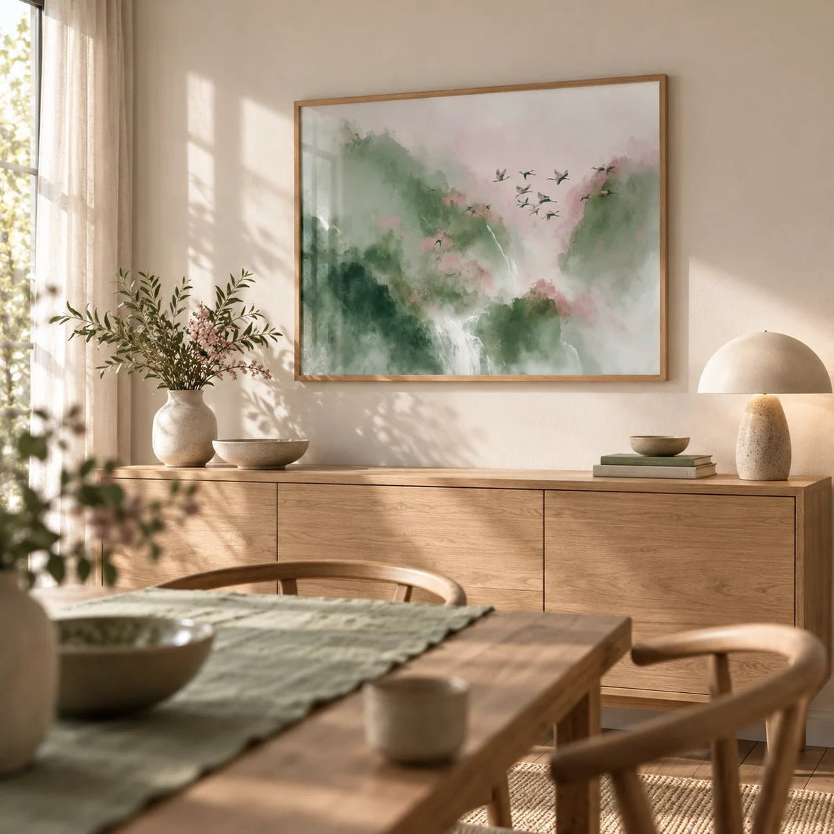Watercolor Bird Print, framed on the wall of a calm dining room