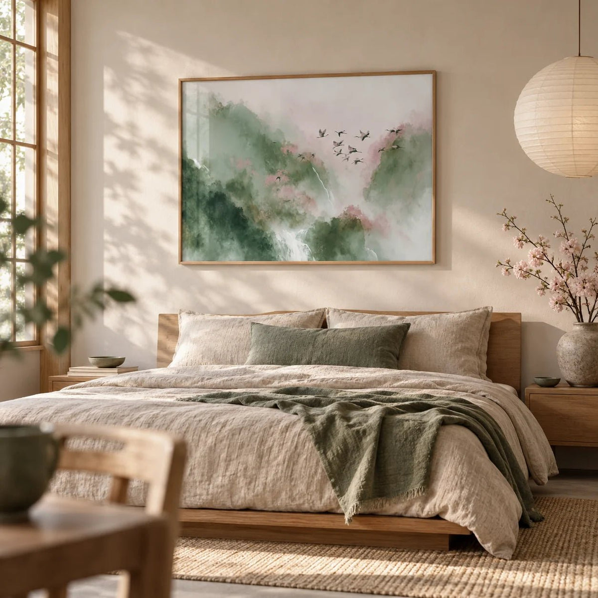 Watercolor Bird Print, framed on the wall of a Japandi bedroom