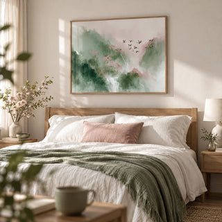 Watercolor Bird Print, framed on the wall of a serene bedroom