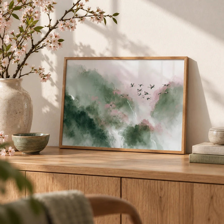 Watercolor Bird Print, a small A4 framed print leaning on an oak sideboard in a living room