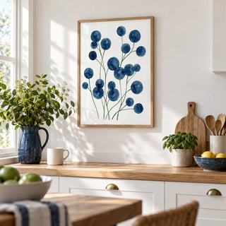 Watercolor Flower Wall Art, framed on the wall of a bright white kitchen with an oak worktop
