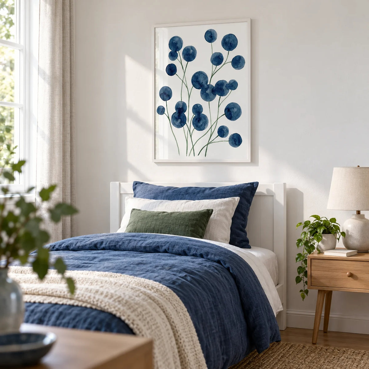 Watercolor Flower Wall Art, framed on the wall of a fresh single guest bedroom with a white wall