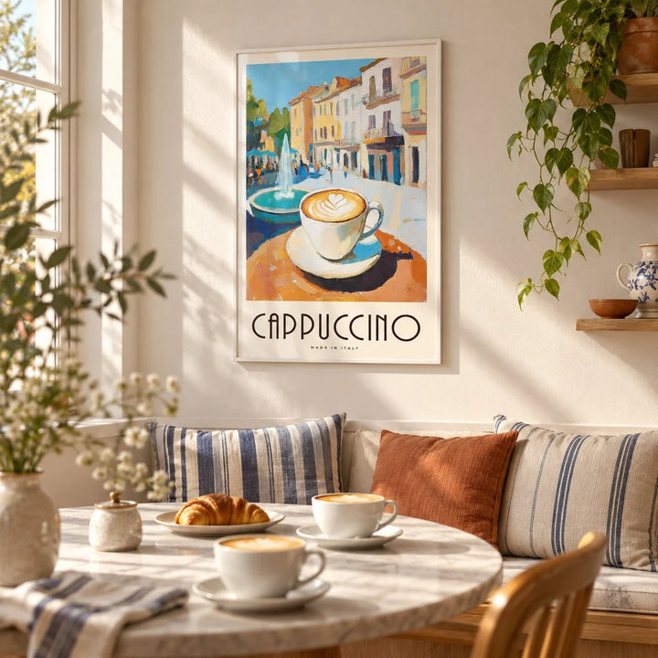 Watercolor Kitchen Art, framed on the wall of a breakfast nook
